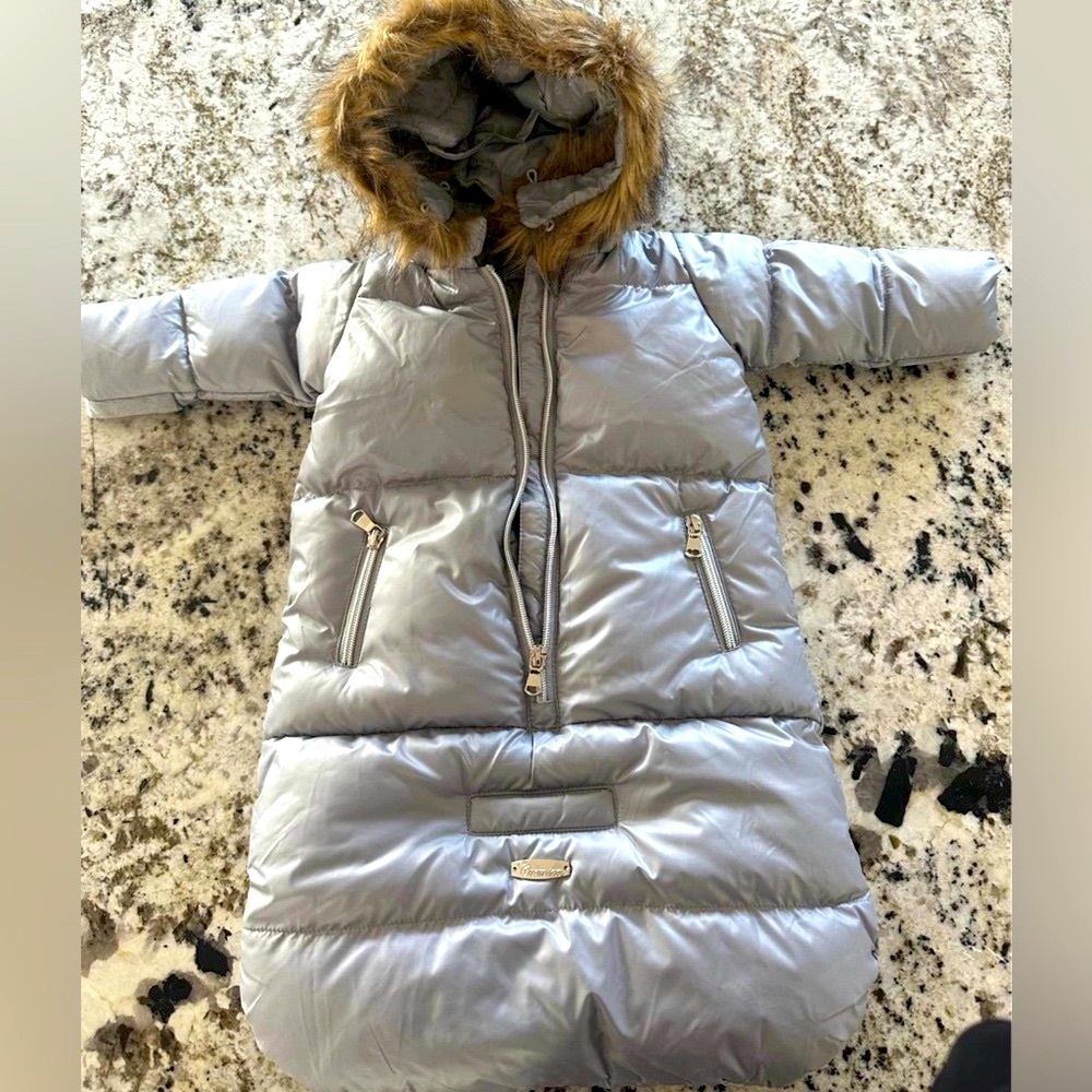 Infant Silver Puffer Jacket Snowsuit with Faux Fur Hood